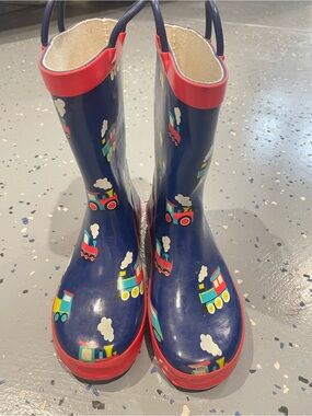 Kids Navy Blue & Red Train Rain Boots